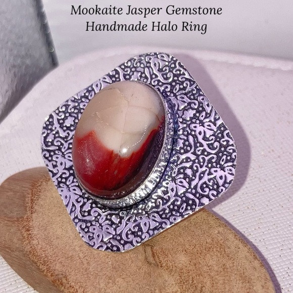 Mookaite Jasper Gemstone Handmade Halo Ring - Picture 5 of 5